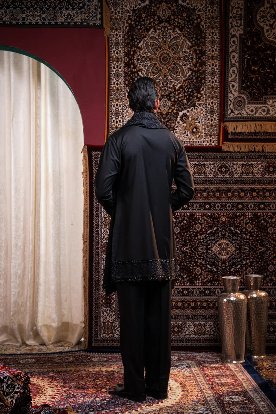 Midnight Noir Embroidered Linen Silk Kurta Set