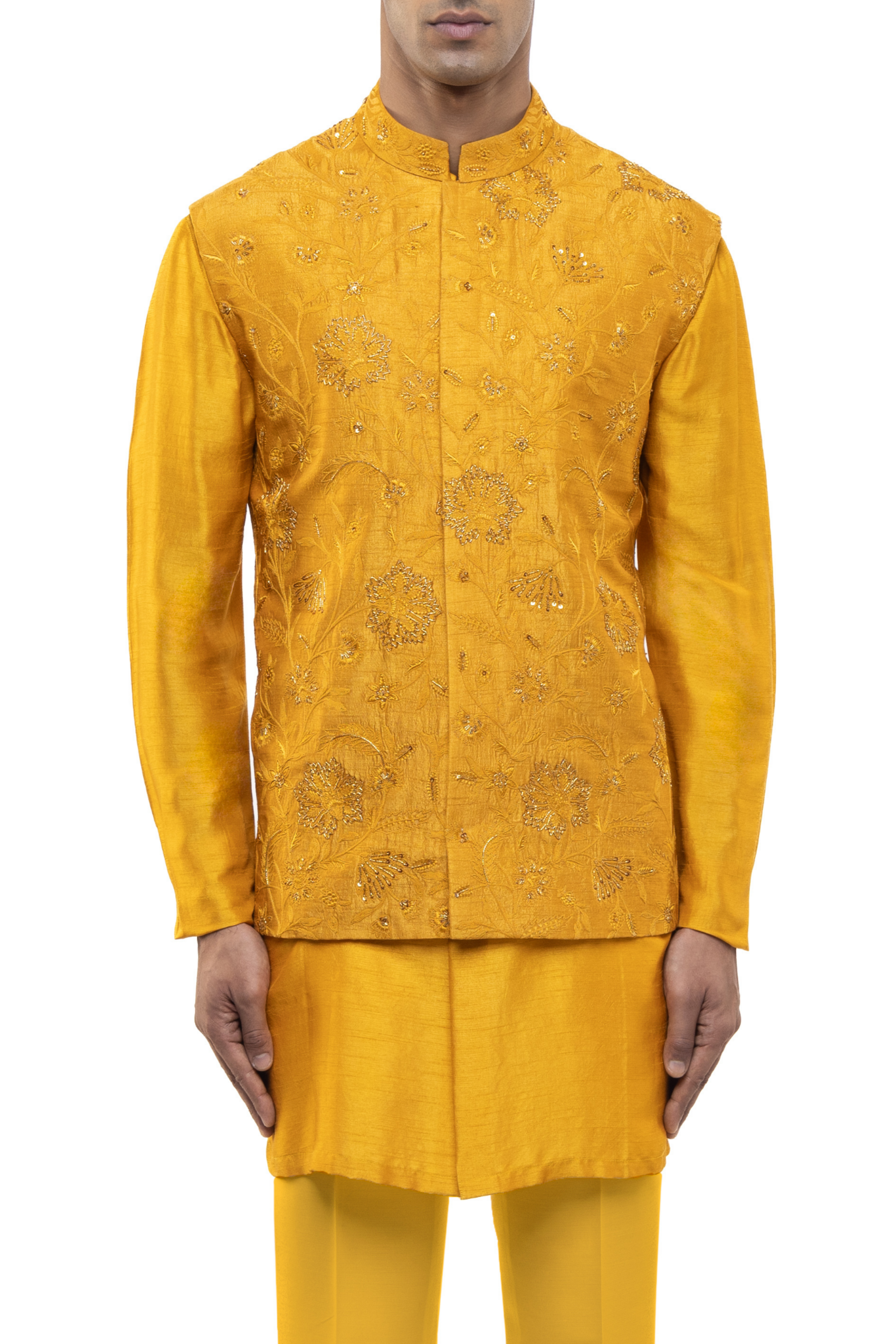 Yellow Georgette Floral Embroidery Kurta Bandi Set