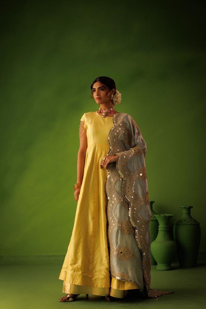 Powder blue and yellow reversible anarkali set with blue dupatta