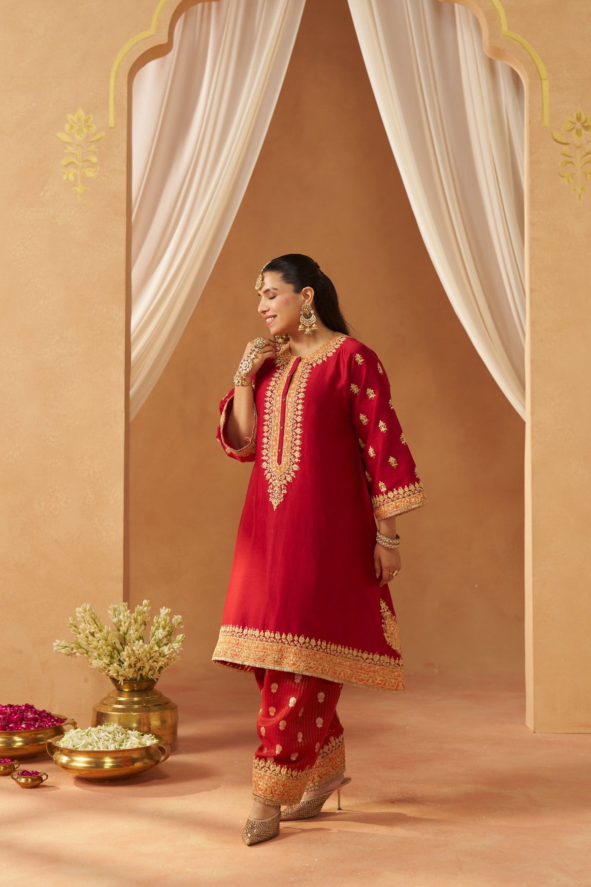 Zeenal Deep Red A-Line Kaaftan with Salwar with Dupatta