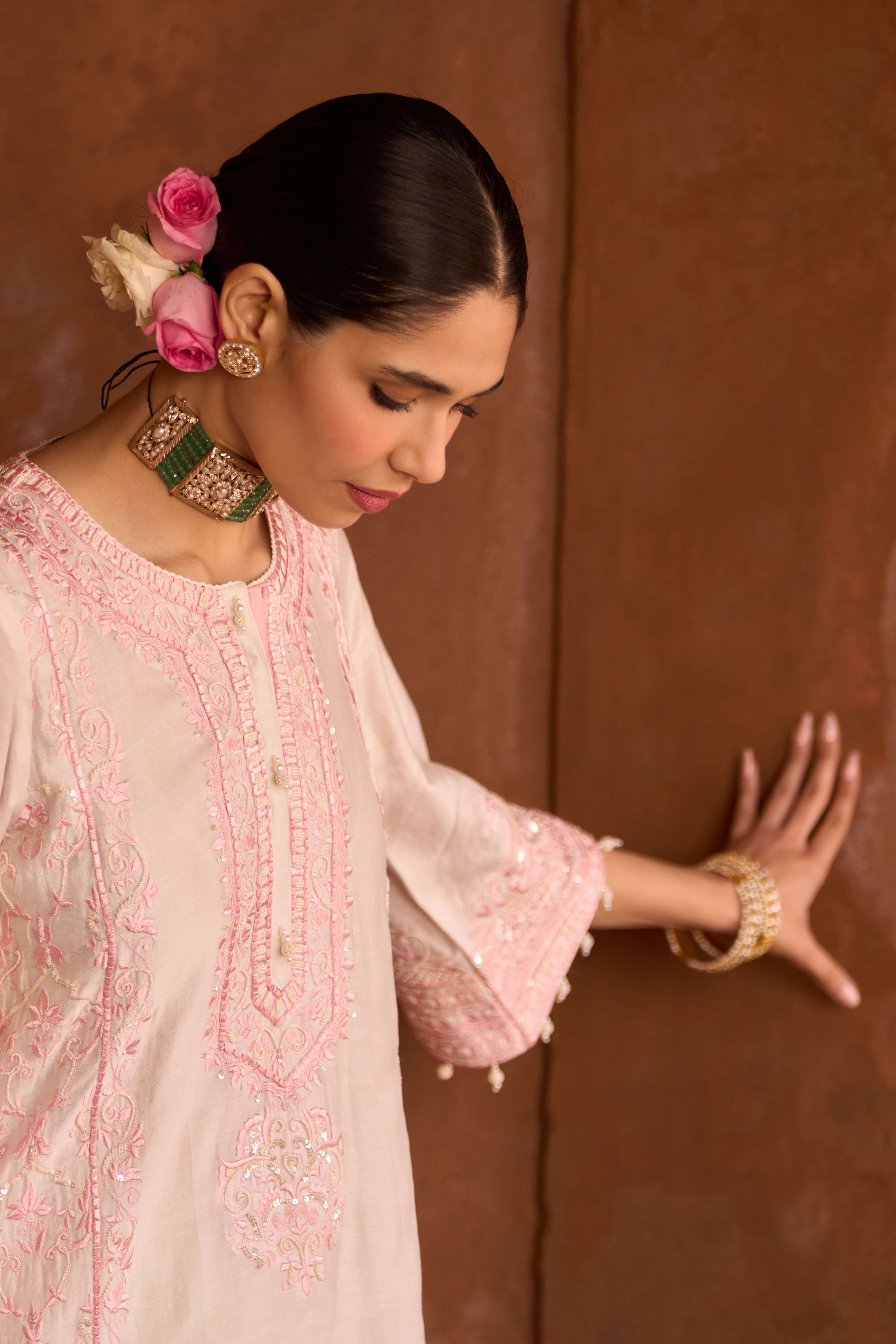 ENA - DAISY IVORY WITH PINK LONG A-LINE KURTA WITH PALAZZO AND DUPATTA