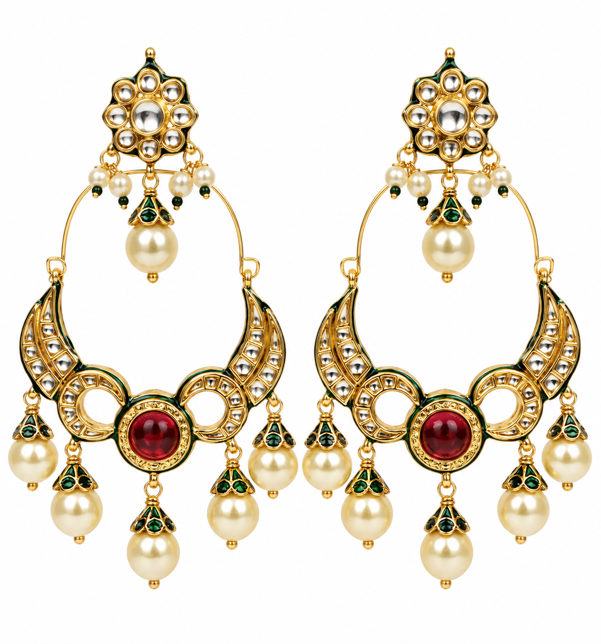 Ruby Kundan Pearl Crescent Statement Hoops