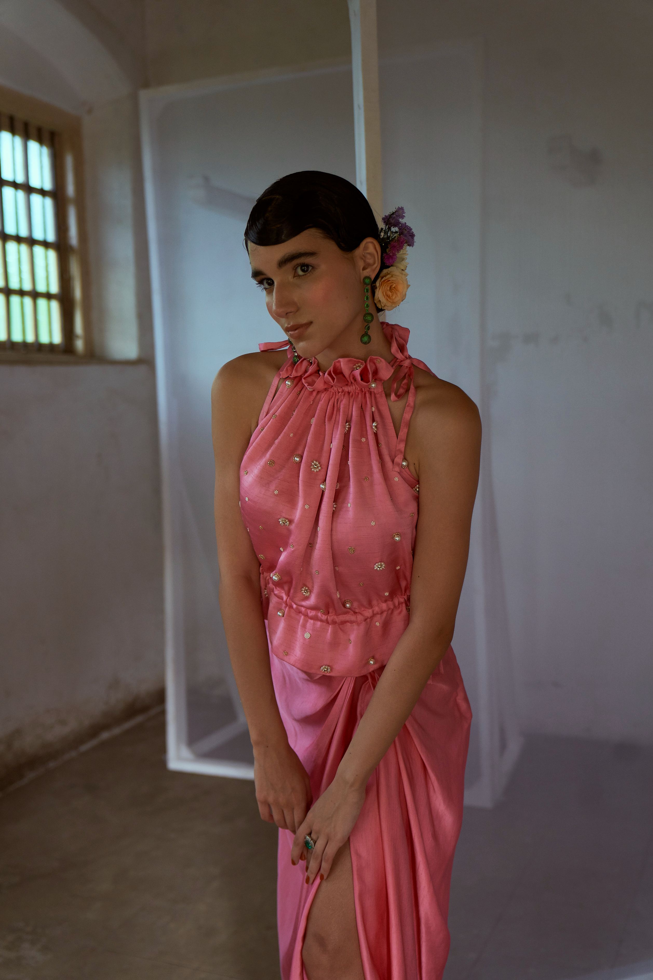 Rose Pink Ruffled Top with Draped Skirt