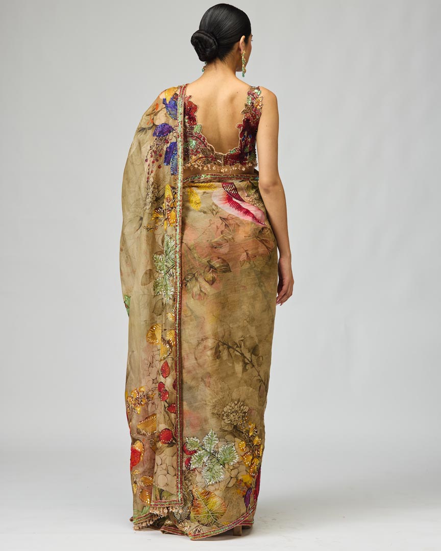 BEIGE FLOWER MOTIF SAREE SET