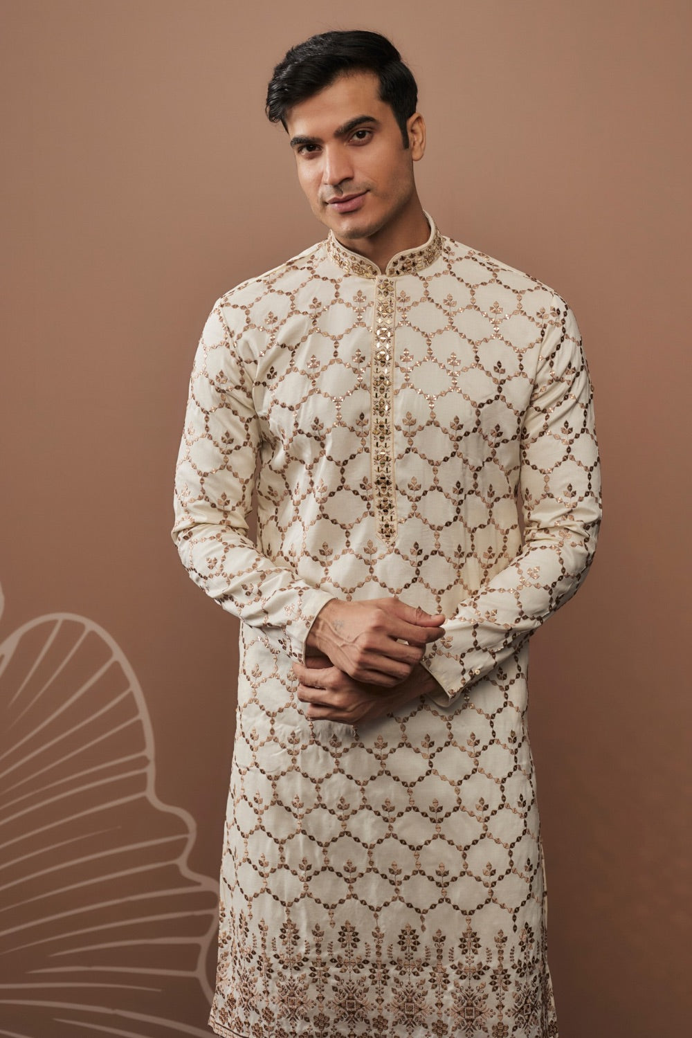 Beige silk kurta pajama with gold hand and machine work