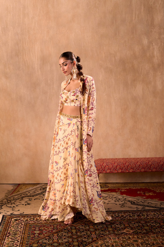 IVORY PRINT EMBROIDERED CHOLI, DRAPED SKIRT AND JACKET SET - image 2