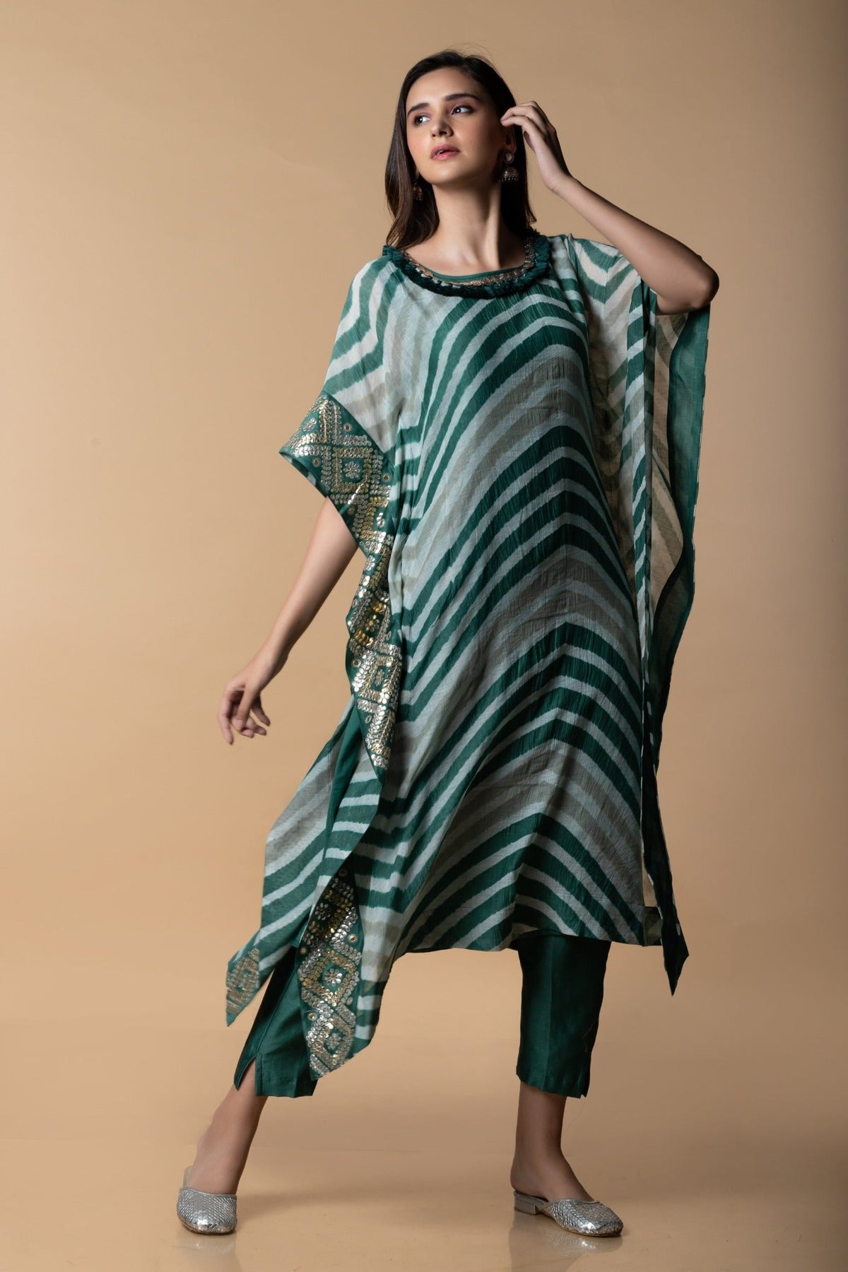 leheria kaftan set with gota embroidery