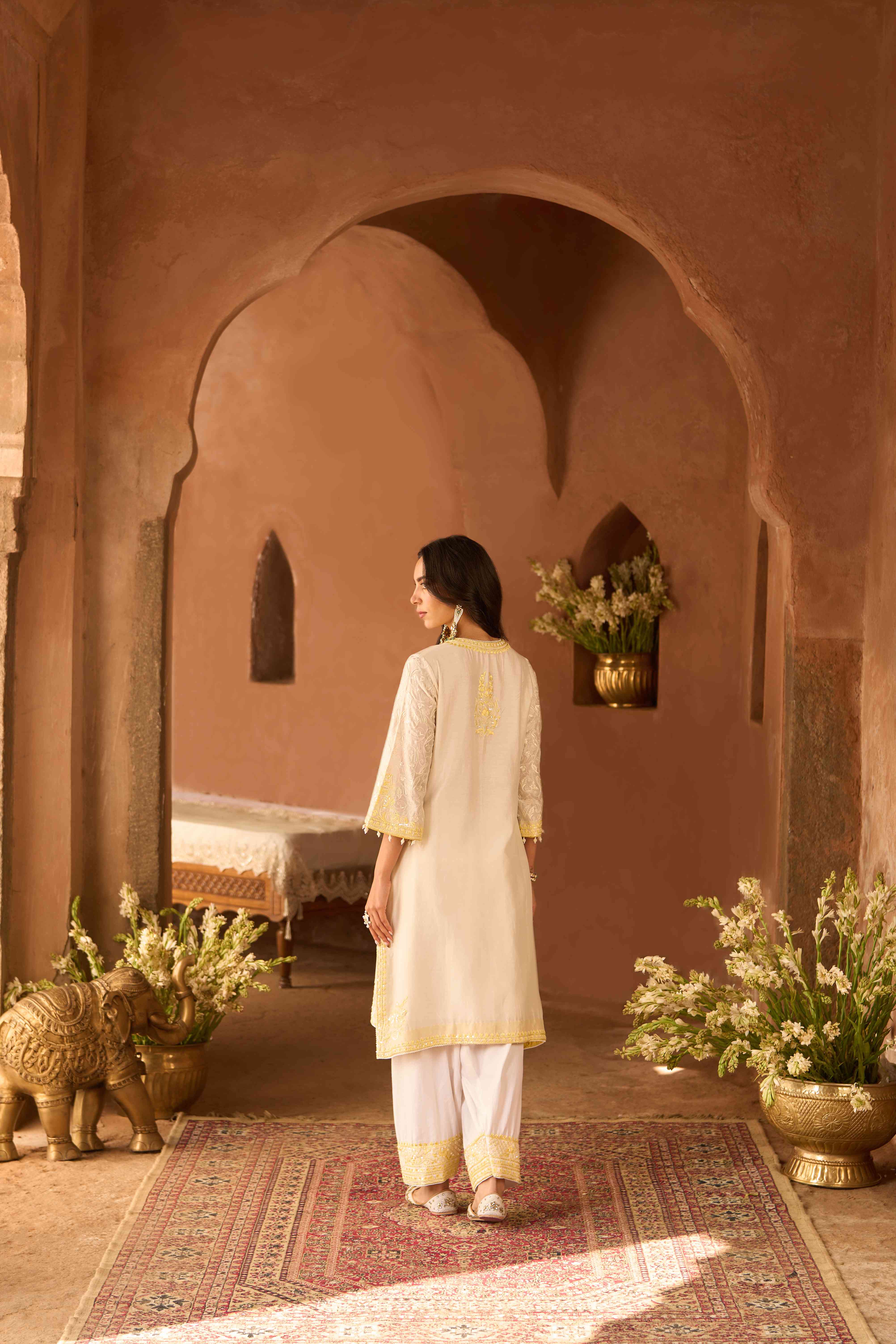ANAM - DAISY IVORY WITH LEMON YELLOW A-LINE KURTA WITH SALWAR AND DUPATTA