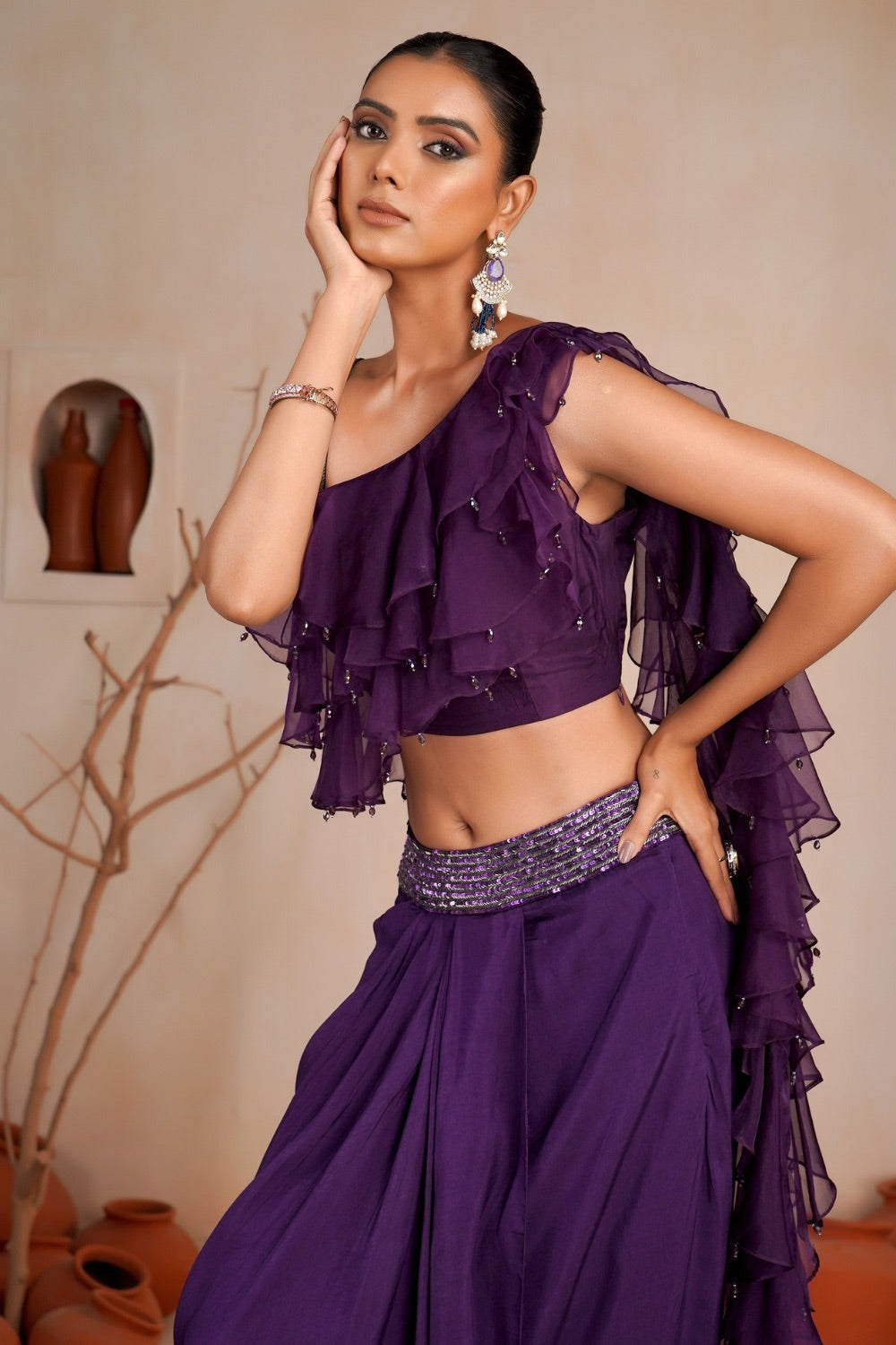 Deep purple soft silk Indo western