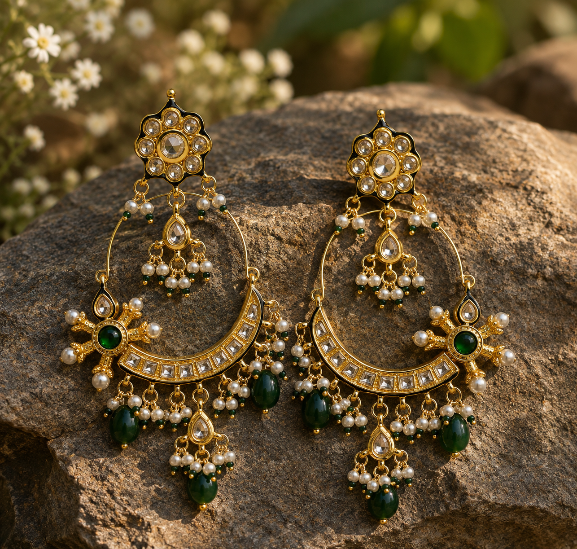 Emerald Floral Hoop Earring with Pearl Drops