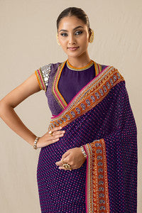 Purple mirror and pearl printed bandhej saree