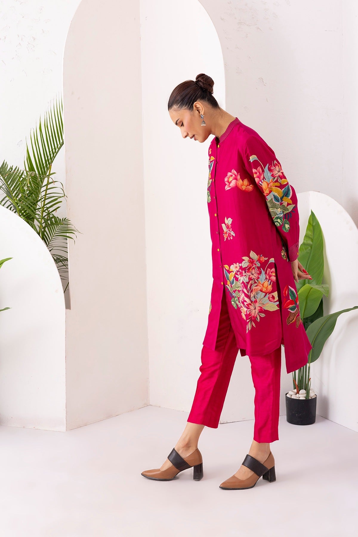 Hot Pink Silk Chanderi Printed Shirt Style Tunic Set (2 PCS)