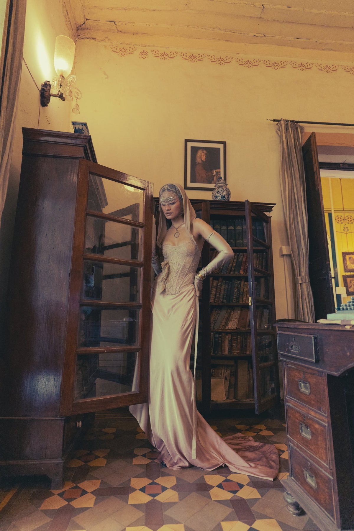 Beige & Rose, Hand-Dyed Lace Detailing, French Lace & Georgette, Corset Skirt Set, Tie-Dye Silhouette