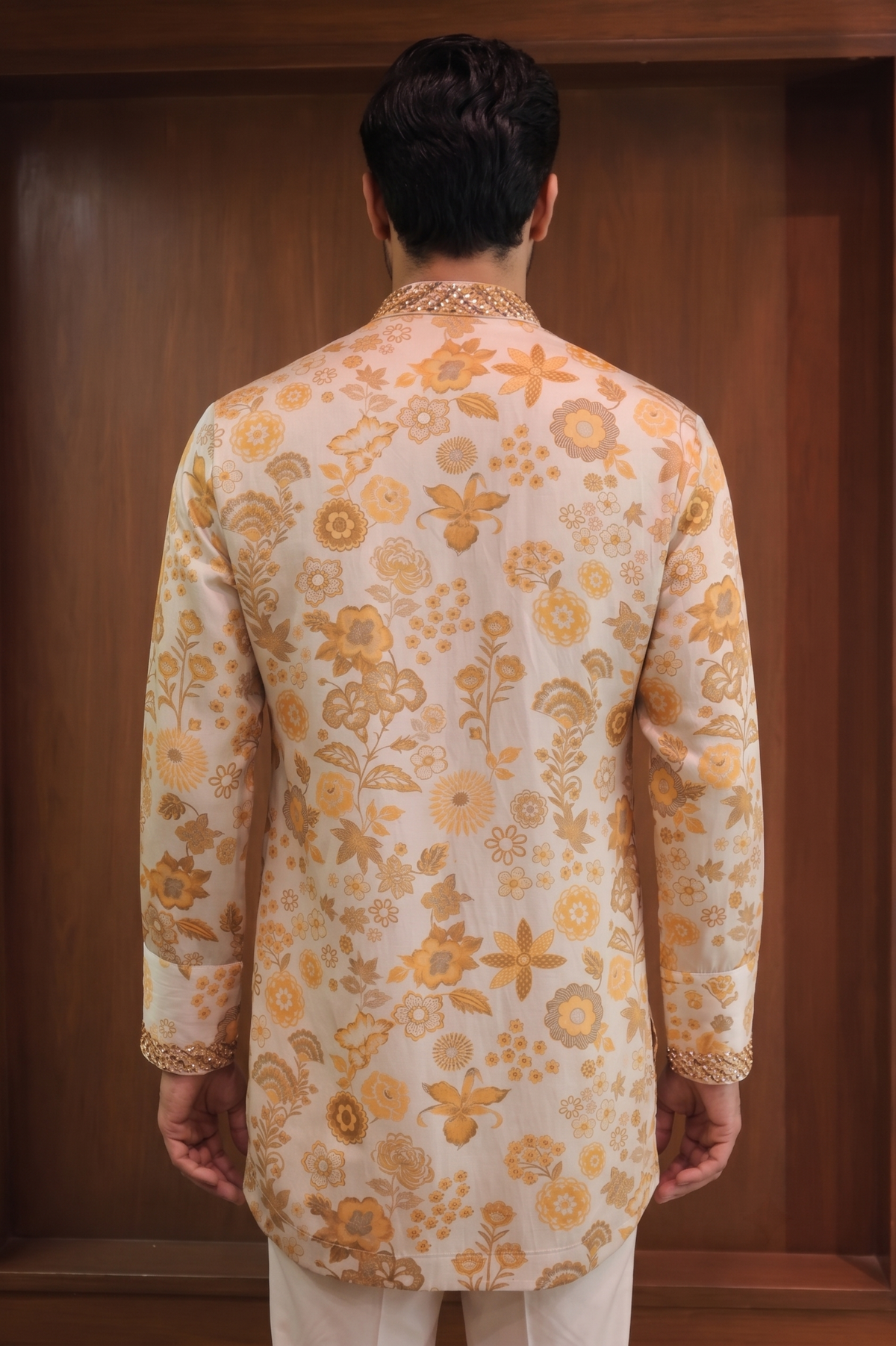 Ivory & Gold Floral Linen Satin Kurta