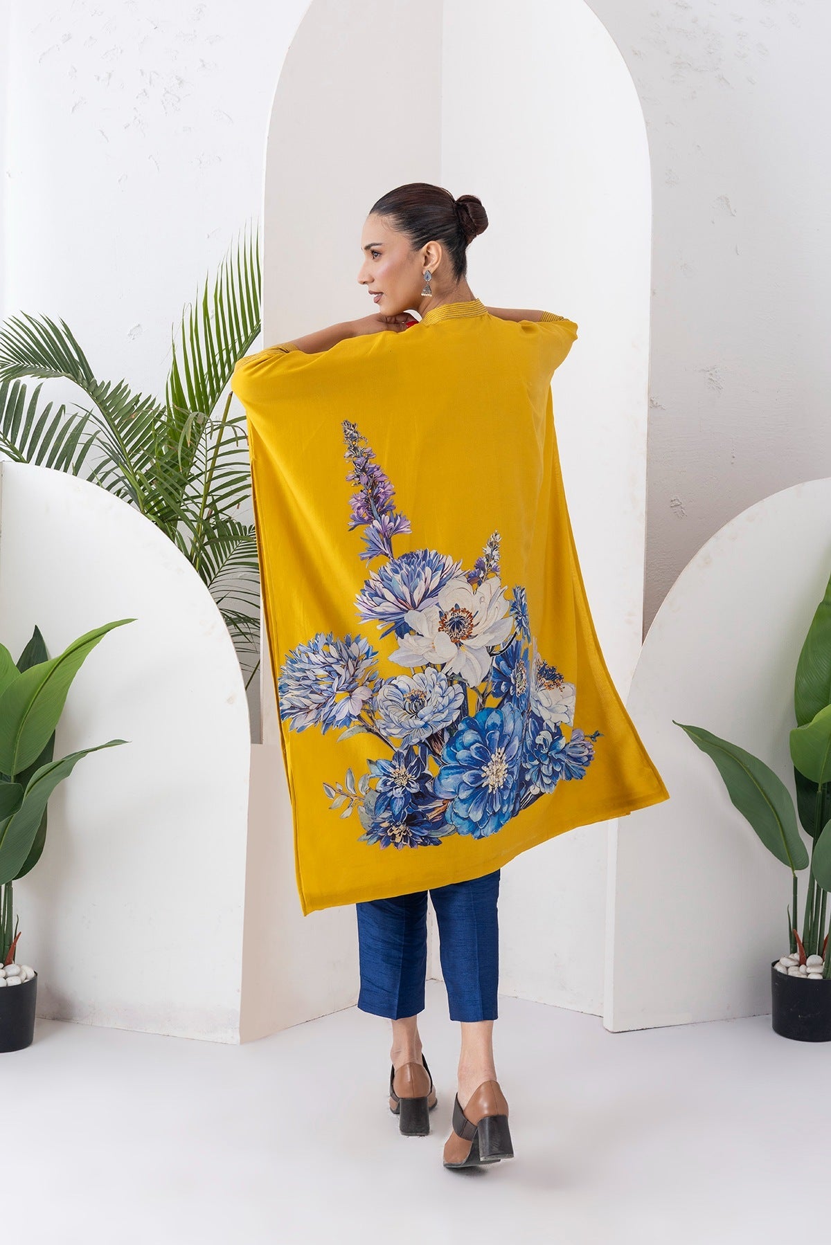 Yellow Silk Chanderi Front Open Kaftan Style Printed Dress Set (3 PCS)