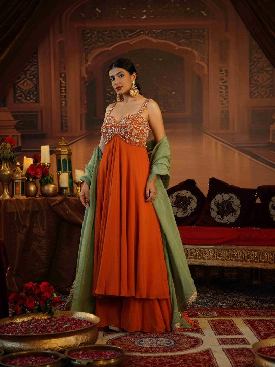 rust georgette Anarkali paired with stylish flared pants - image 2
