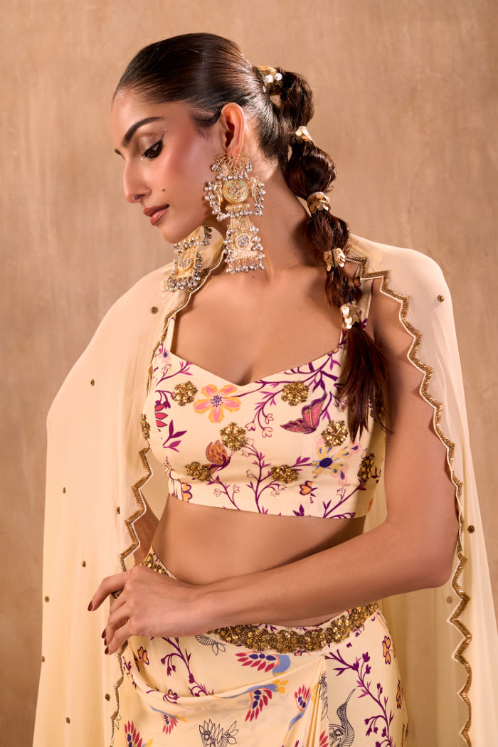IVORY PRINT EMBROIDERED CHOLI, DRAPED SKIRT AND DUPATTA SET - image 2
