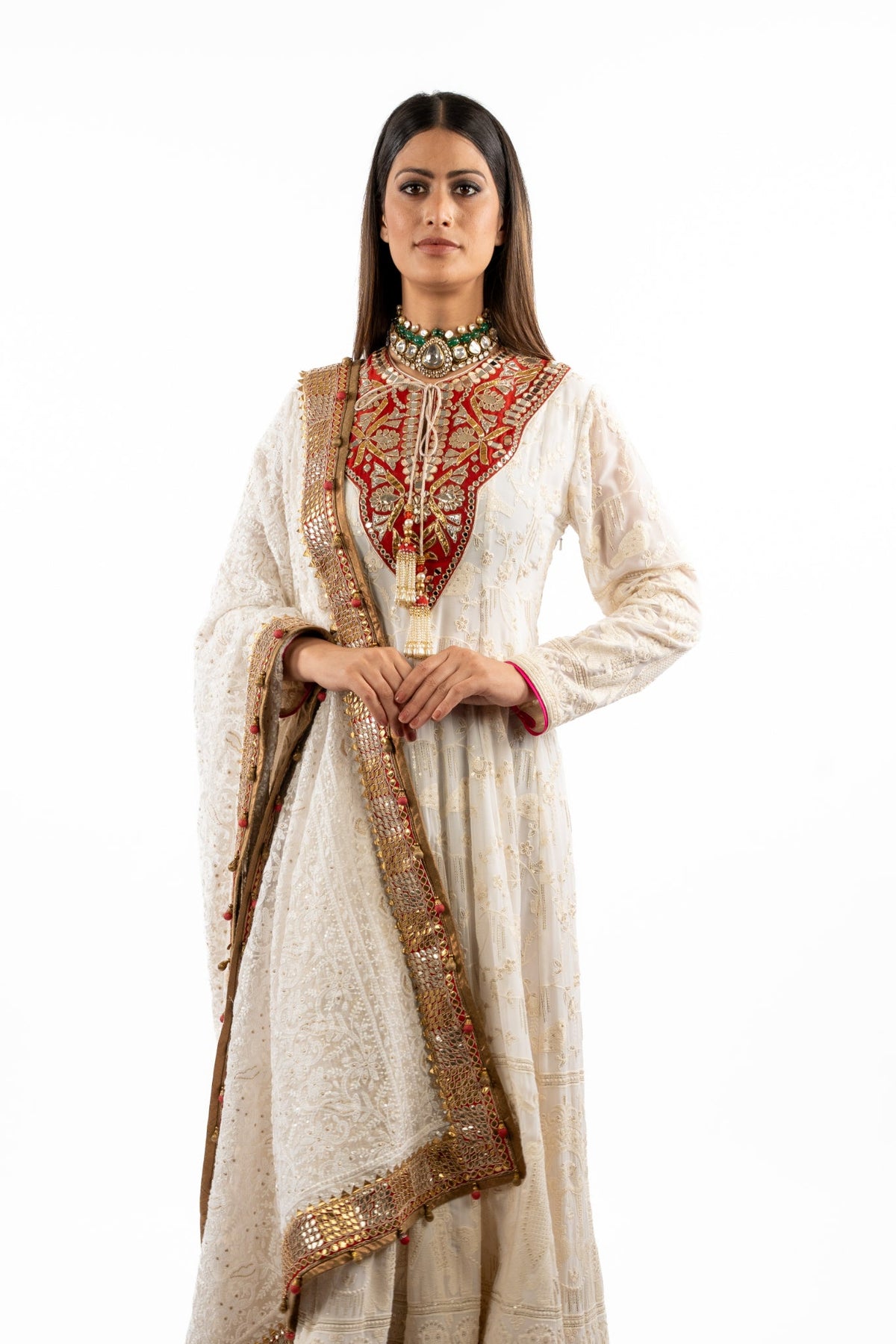 Ivory Heritage Anarkali Set with Mirrorwork Yoke