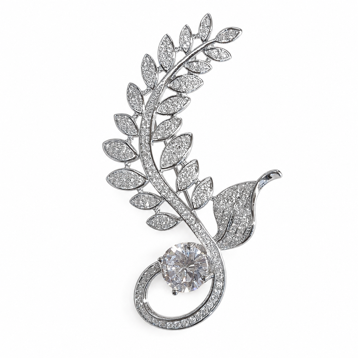 Silver Plated Zircon Leaf Motif Brooch
