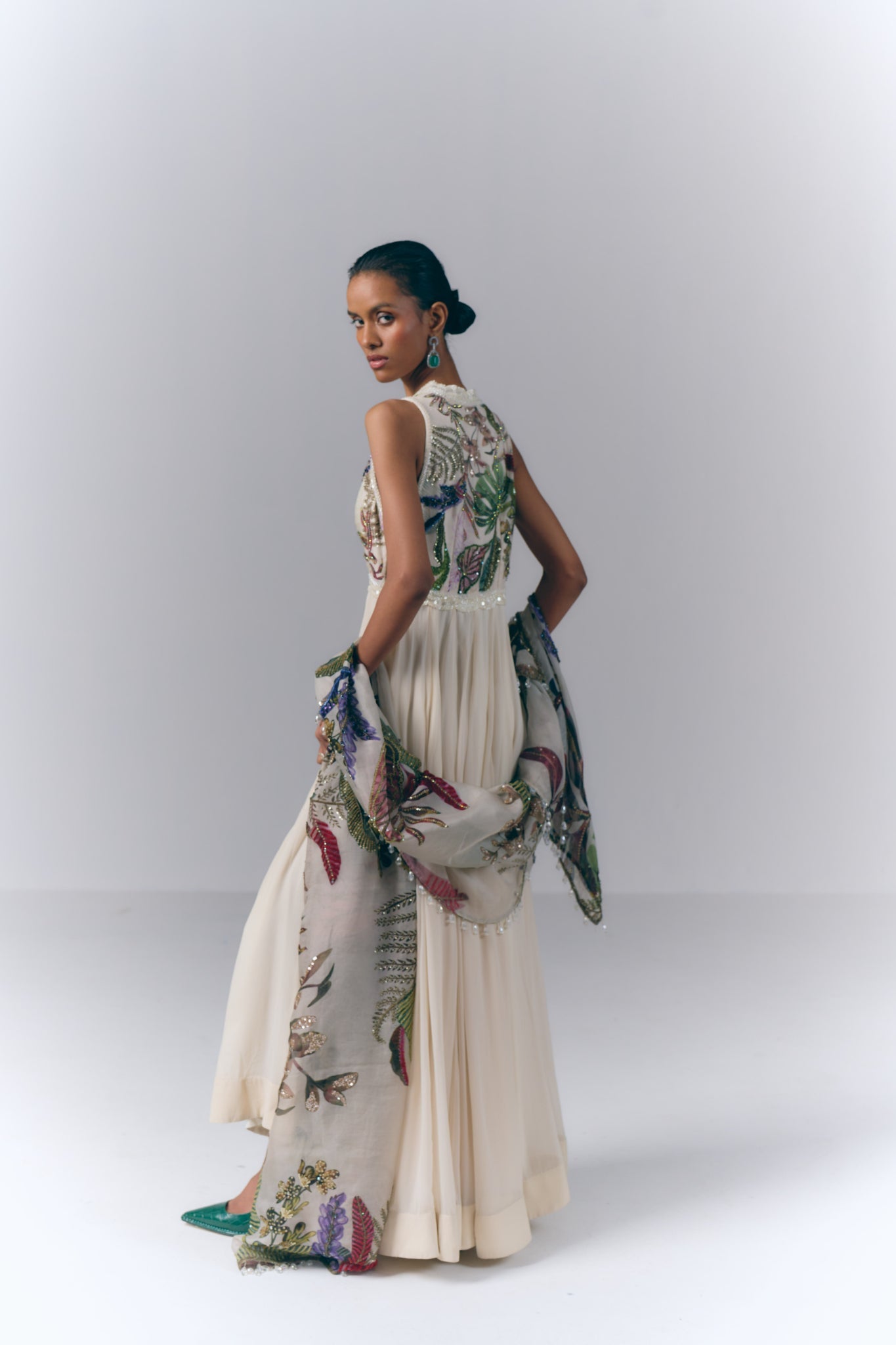 Ivory Botanical Embroidered Anarkali Set
