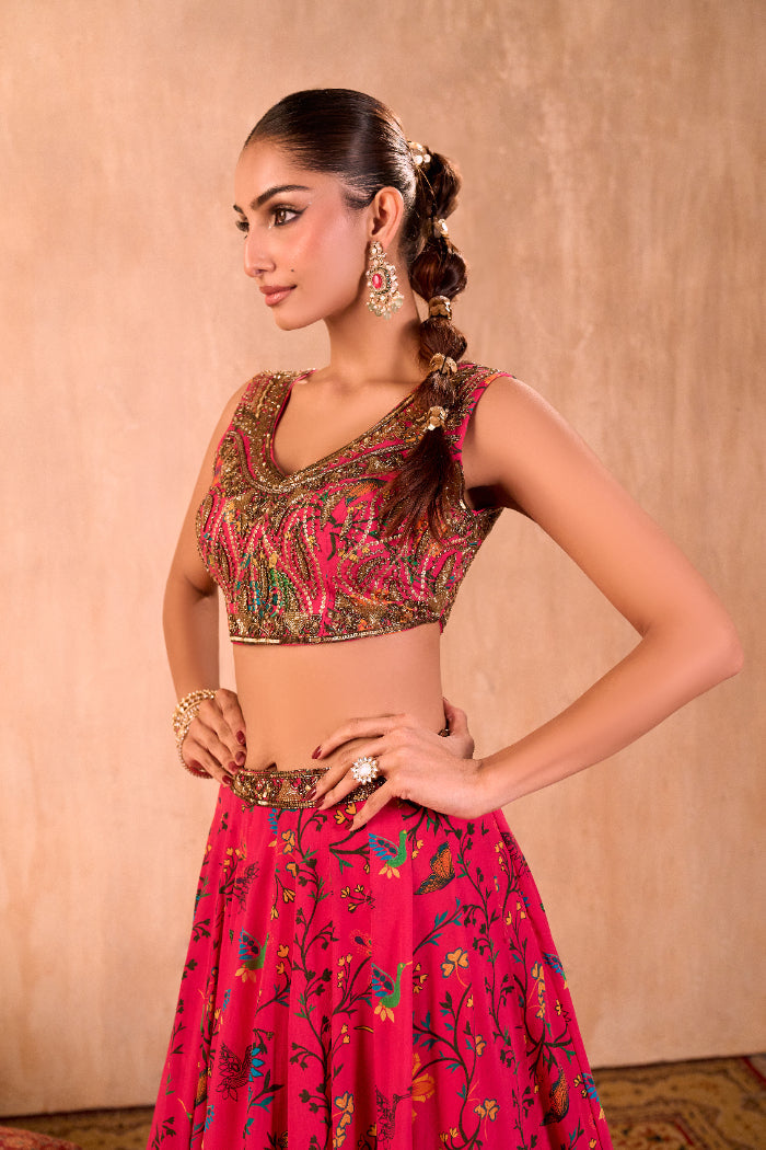 PINK PRINT EMBROIDERED CHOLI, LEHENGA AND DUPATTA SET - image 2