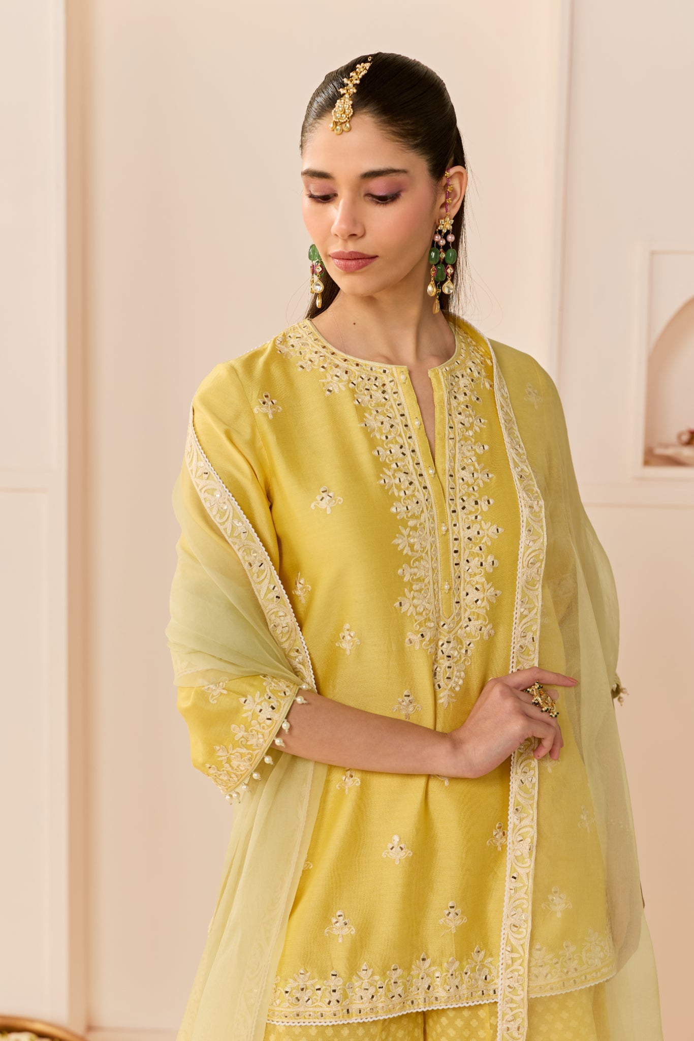 REHMA - LEMON YELLOW SHORT KURTA WITH SHARARA AND DUPATTA