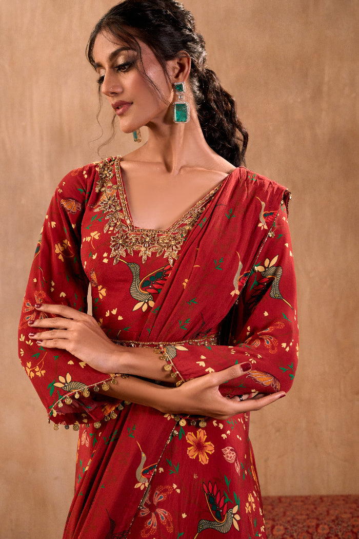 RED PRINT EMBROIDERED ANARKALI WITH DRAPE AND BELT SET - image 2