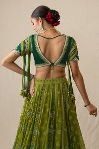 Green ombre printed bandhej lehenga set
