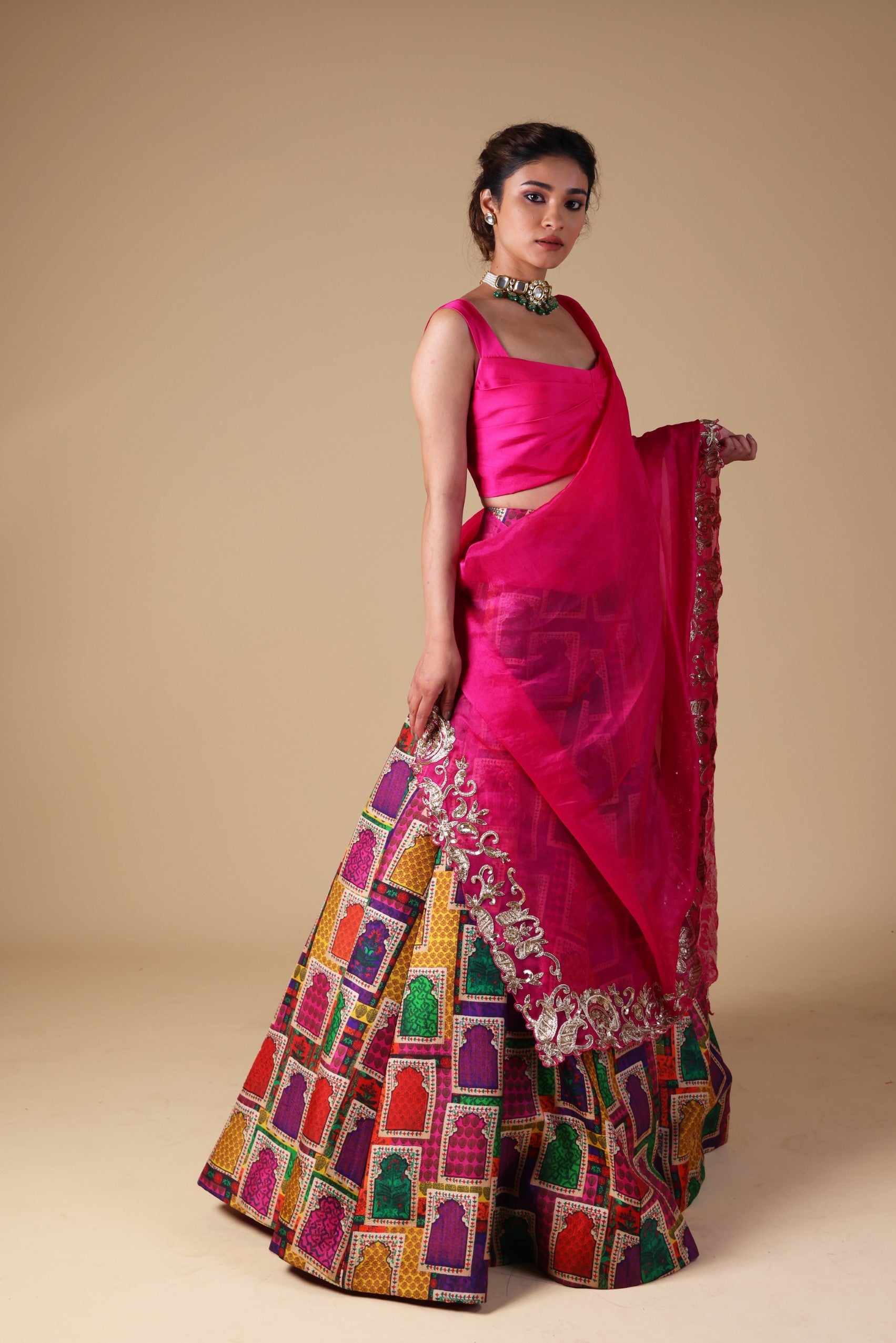 Hand-Embroidered zardosi work Dupatta with lehenga and blouse