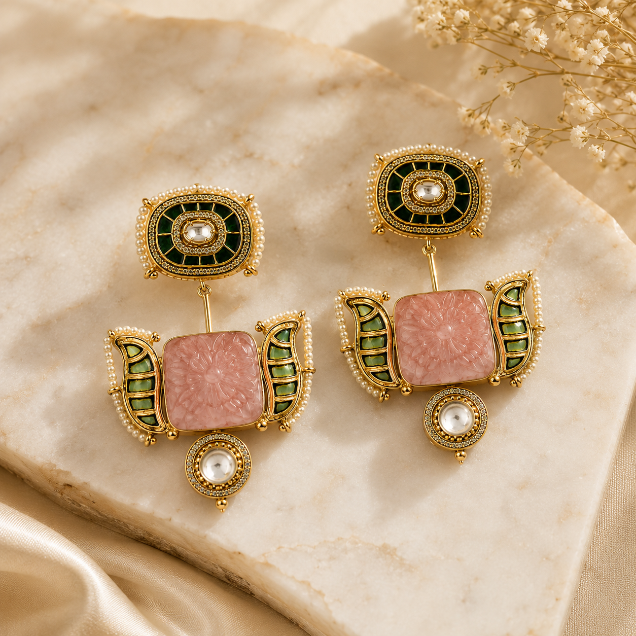 Blush Pink & Emerald Green Semi-Precious Statement Earrings