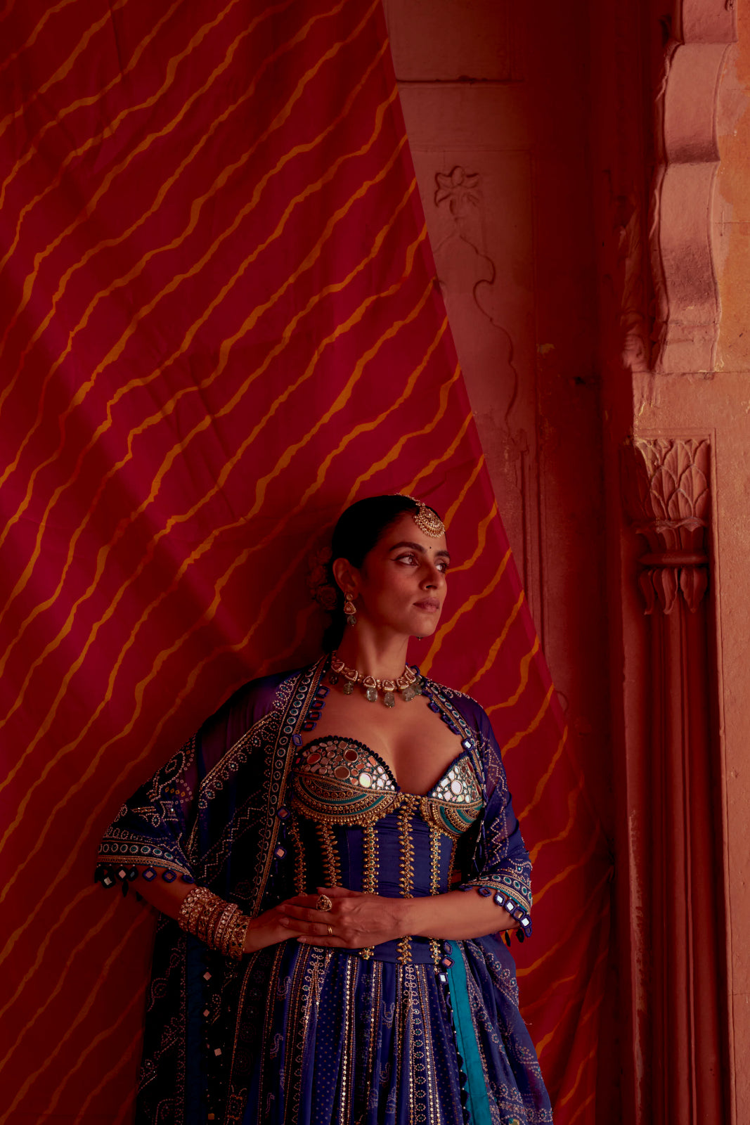 Regal Blue printed bandhej corset Lahenga set