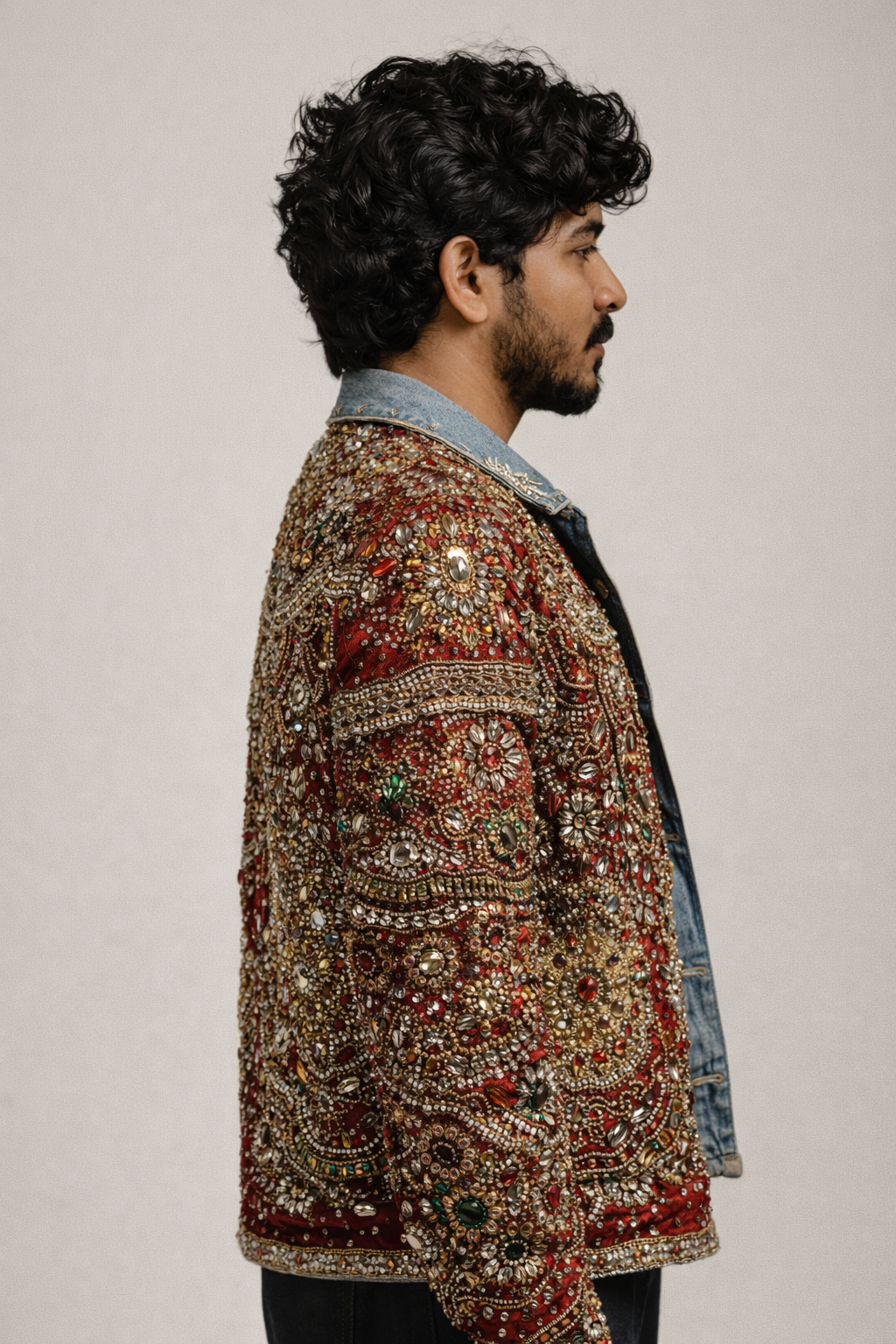 Ranjha Royale Hand-Embellished Patchwork Denim Jacket for Men