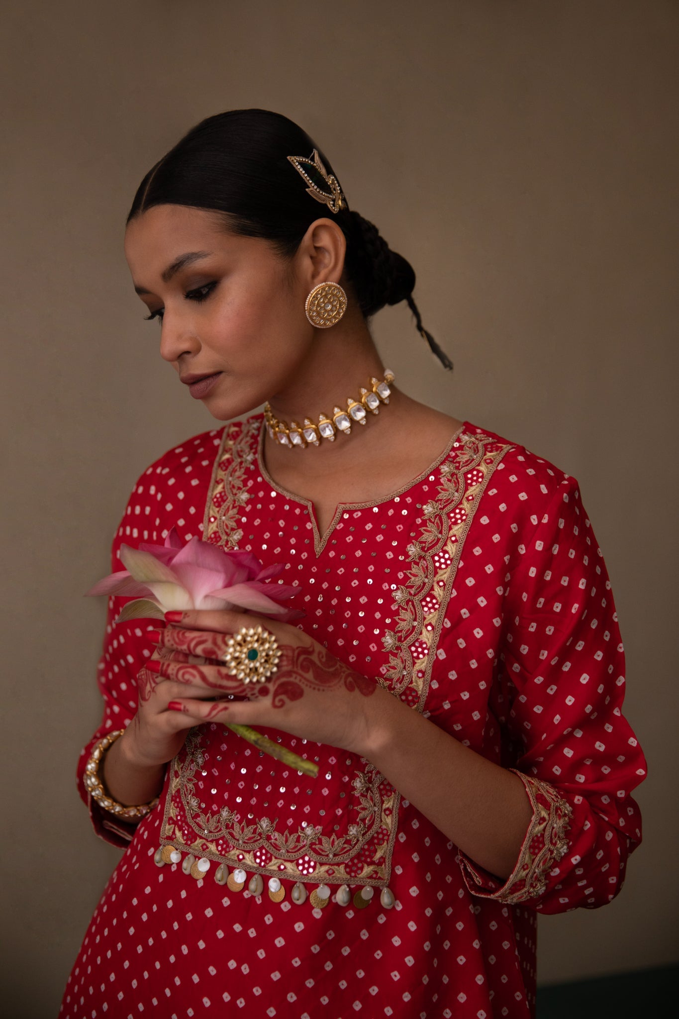 bandhni short kurta with drape trouser