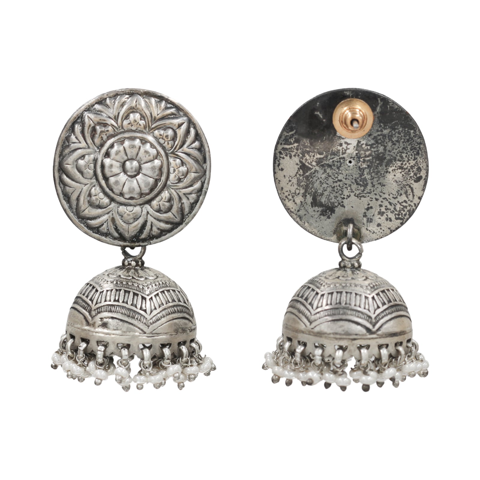 Sangeeta Boochra Floral Oxidised Silver Jhumka Earrings with Pearl Drops