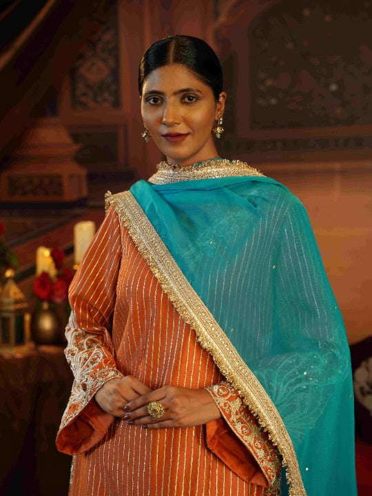 rust and teal silk kurta set - image 2