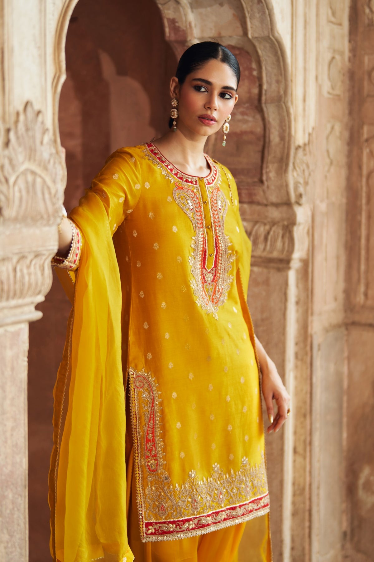 Mustard Silk Chanderi Short Kurta with Dhoti Salwar Set