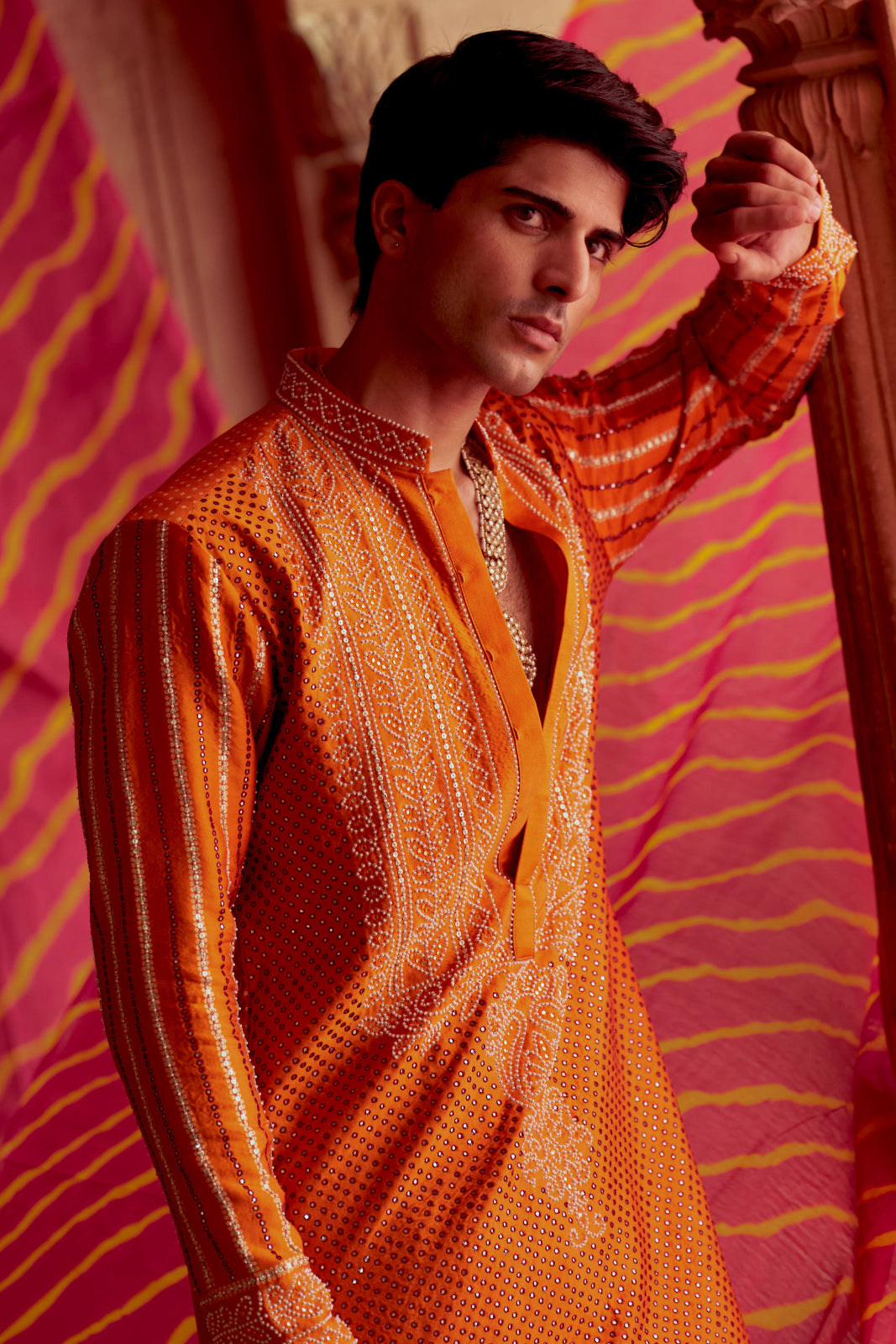 Rediant orange printed bandhej kurta set
