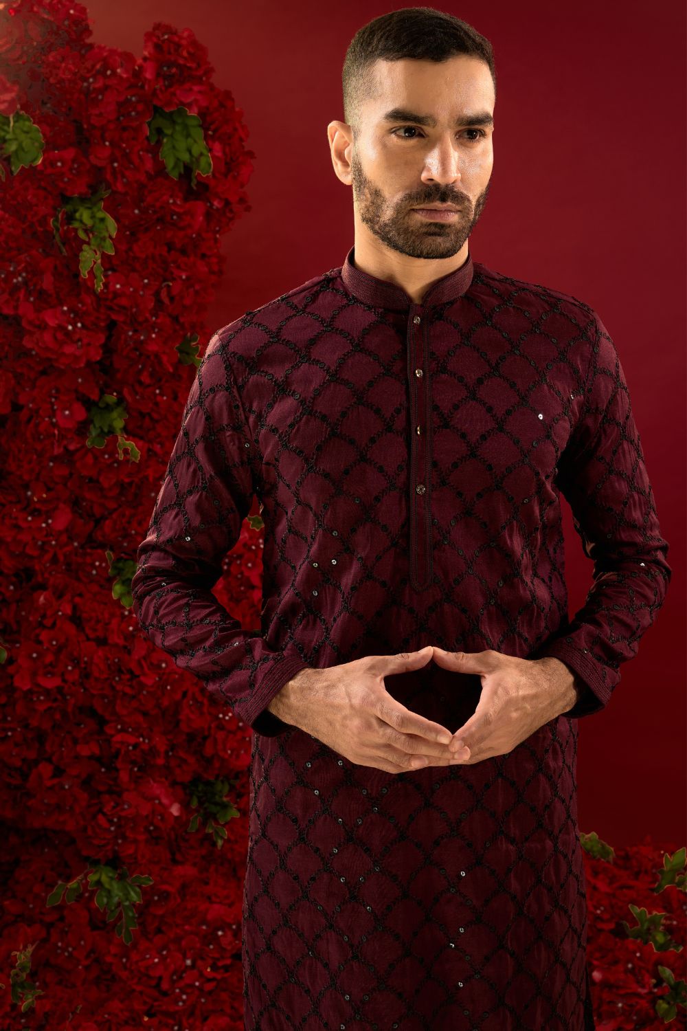 Wine silk kurta and pajama with machine work