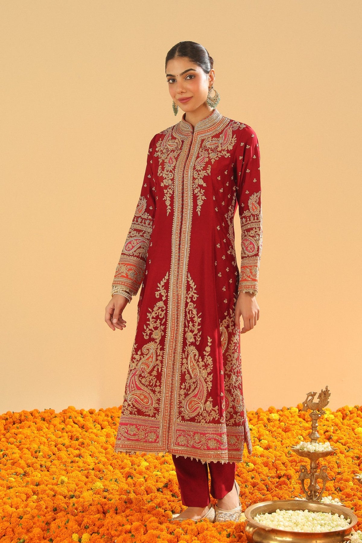 Minara - Deep Red Long A-line Jacket with Pant and Dupatta
