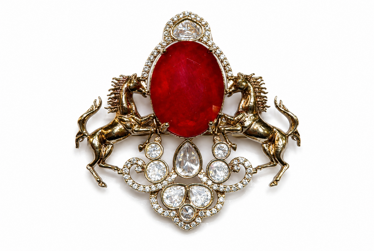 Horse Motif Red Stone Brooch