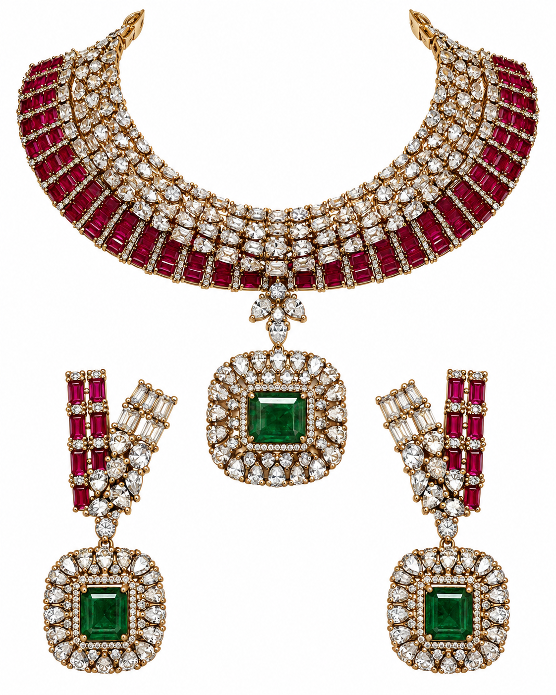 Ruby Emerald Stone Statement Necklace Set