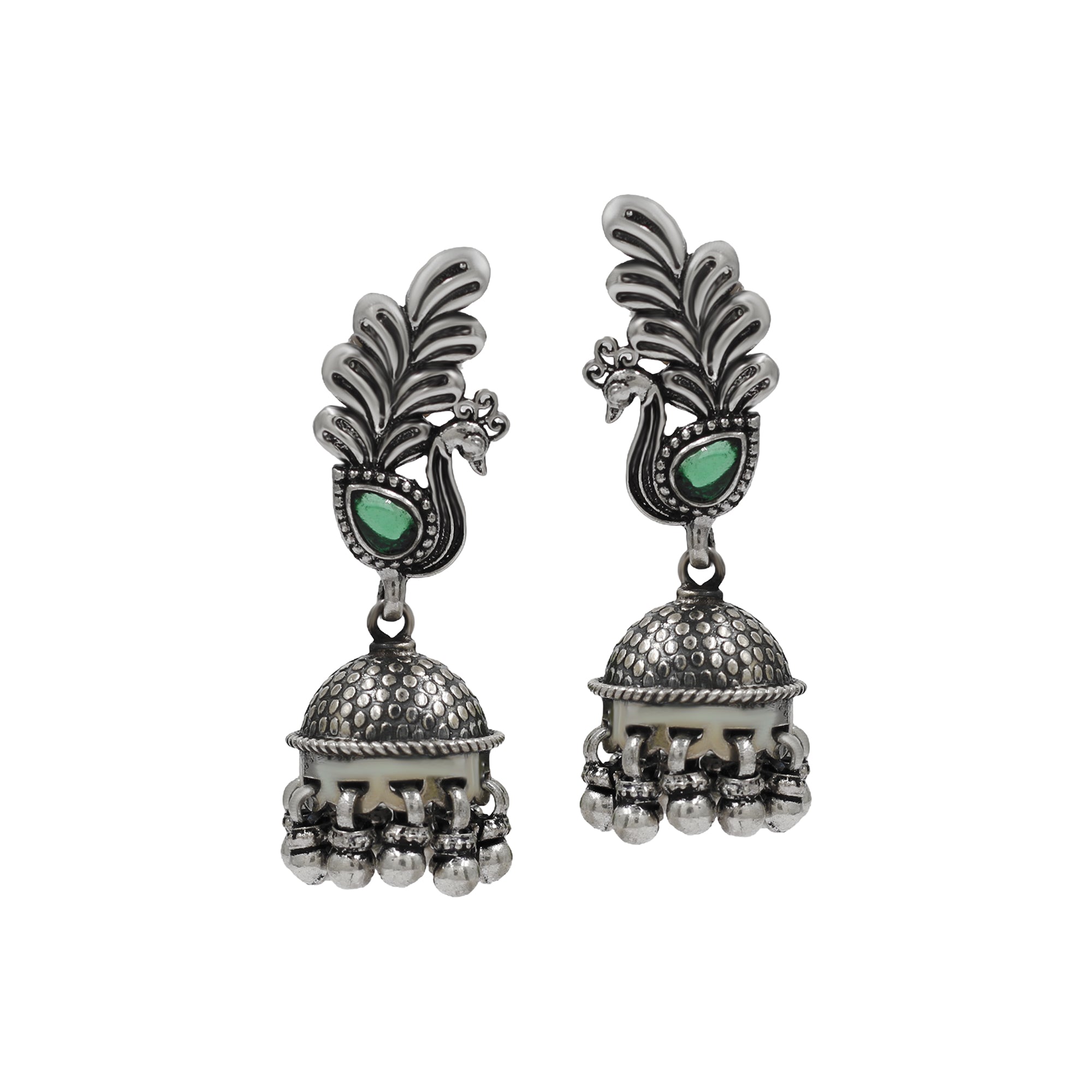 Sangeeta Boochra Peacock Motif Oxidised Silver Jhumka Earrings