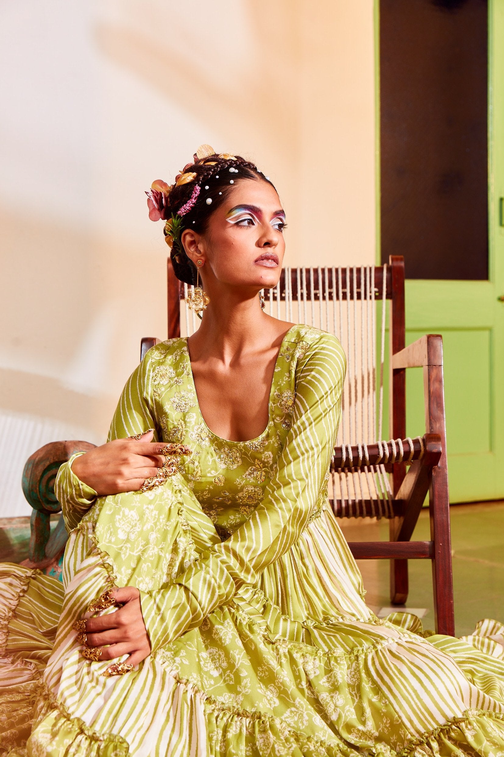 Olive Green Teired Anarkali.