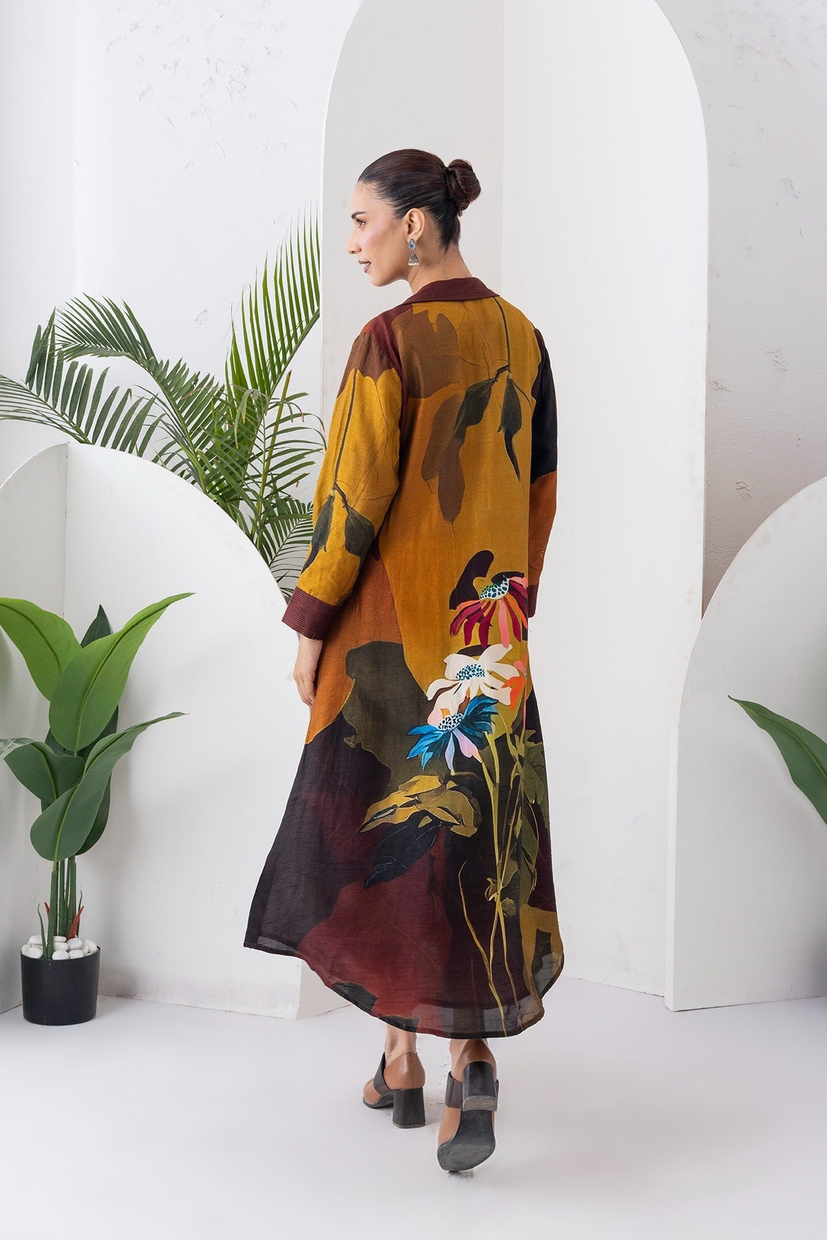Mustard & Brown Viscose Dupion Printed Front Open Dress Set (3 PCS)