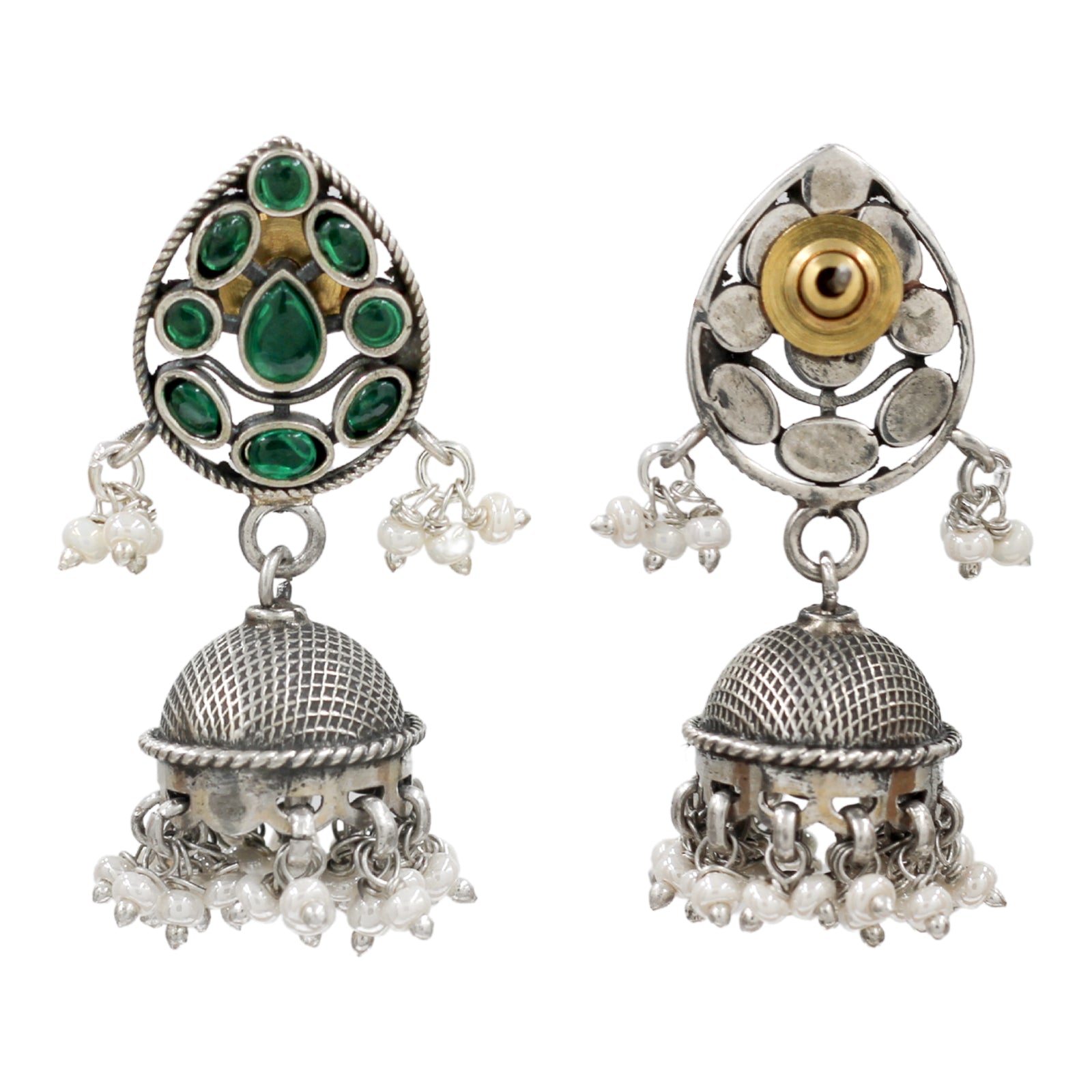 Sangeeta Boochra Handcrafted Green Stone & Pearl Silver Jhumkas