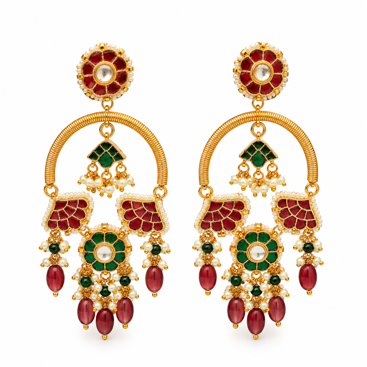 Red Green Gold-Tone Statement Earrings