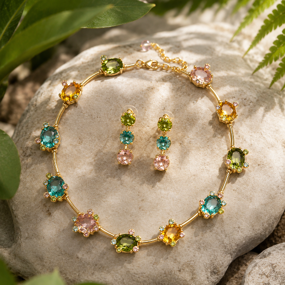 Multi-Coloured Floral Gemstone Necklace Set