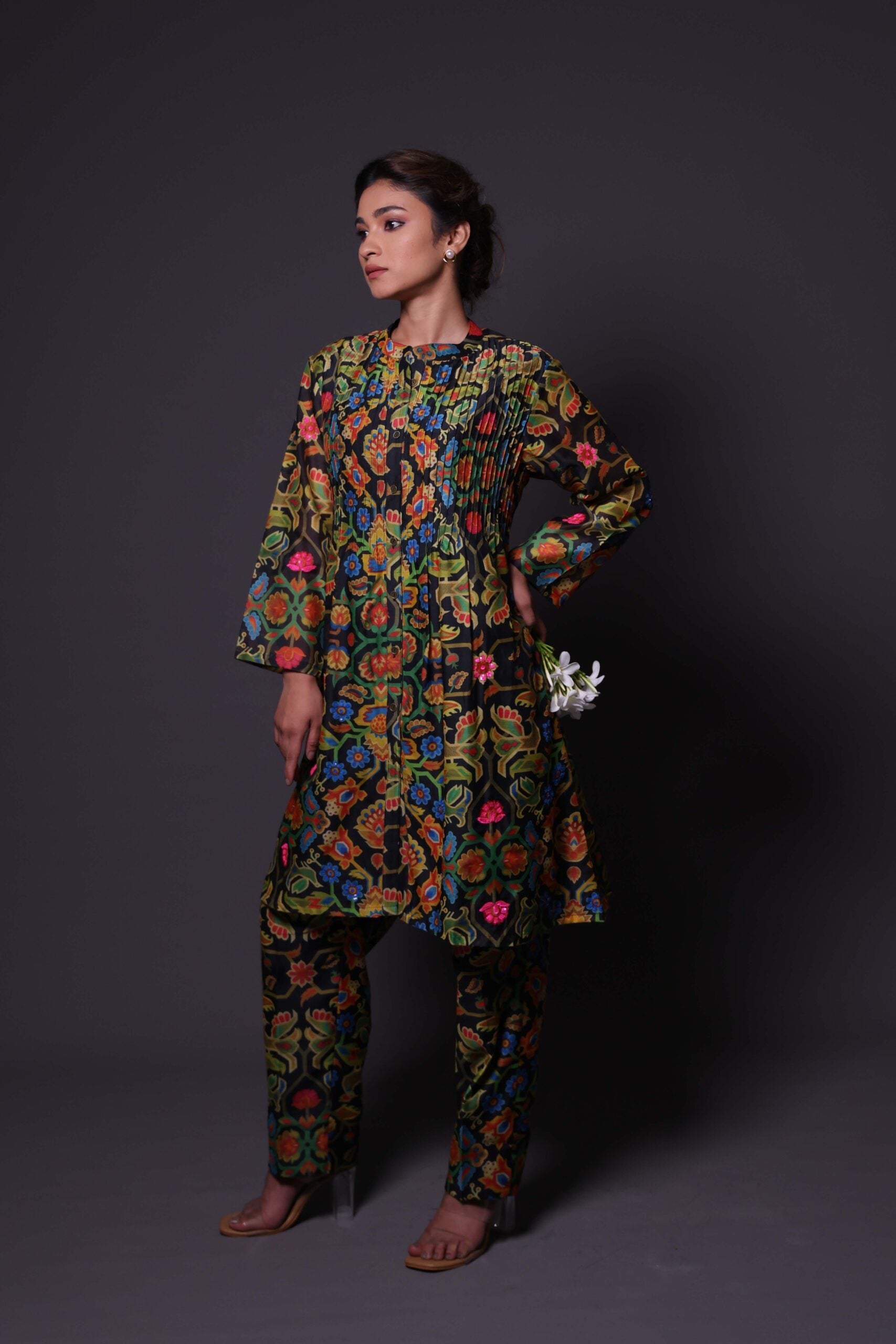 Printed Pin-Tuck Kurti with Hand Embroidery