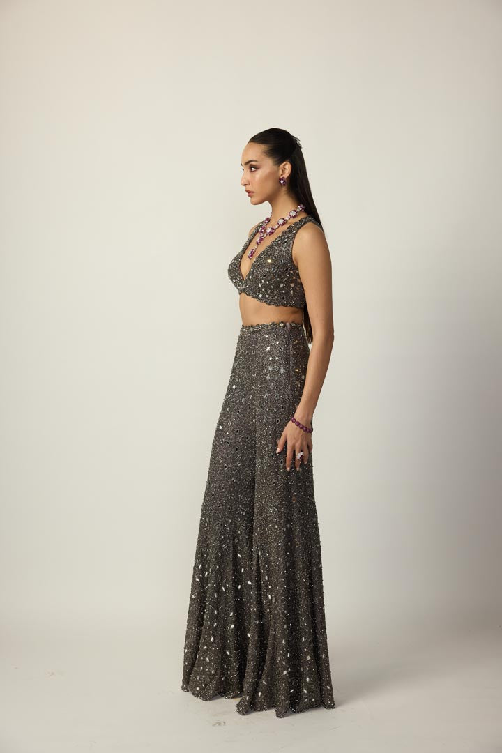 Metallic Grey Blouse Sharara Pant Set