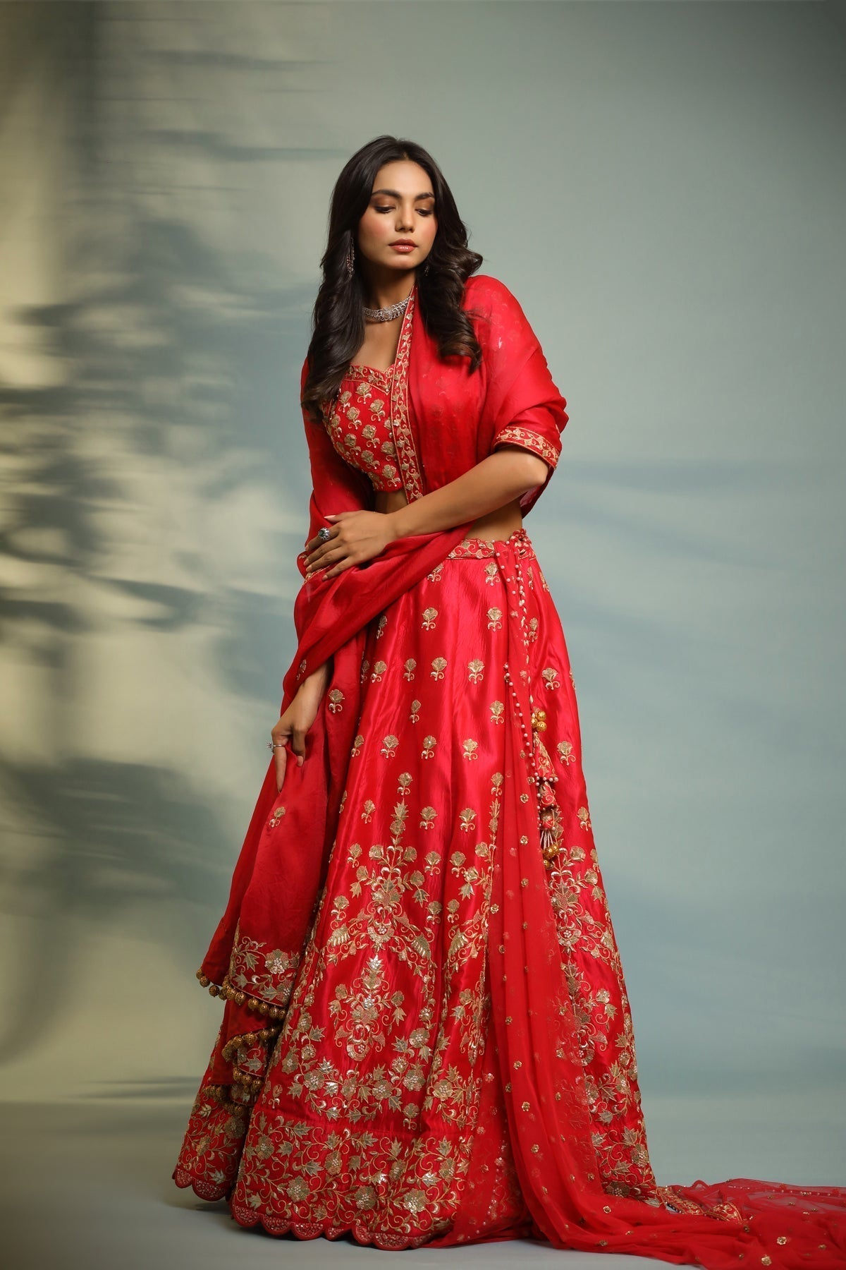 Image of Haseena scarlet red bride to be lehenga set